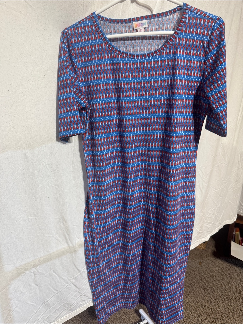 LuLaRoe Blue & Red Geometric Print Midi Dress